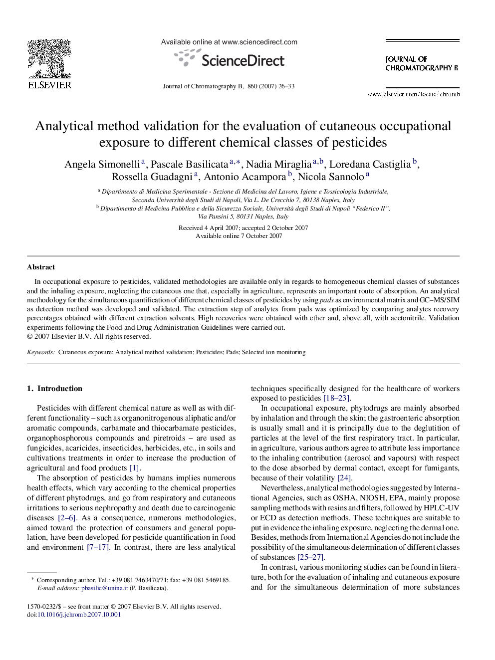 Analytical method validation for the evaluation of cutaneous occupational exposure to different chemical classes of pesticides