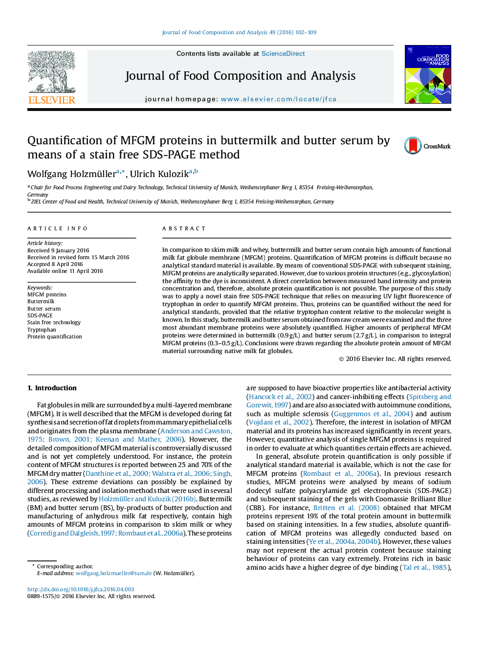 Quantification of MFGM proteins in buttermilk and butter serum by means of a stain free SDS-PAGE method
