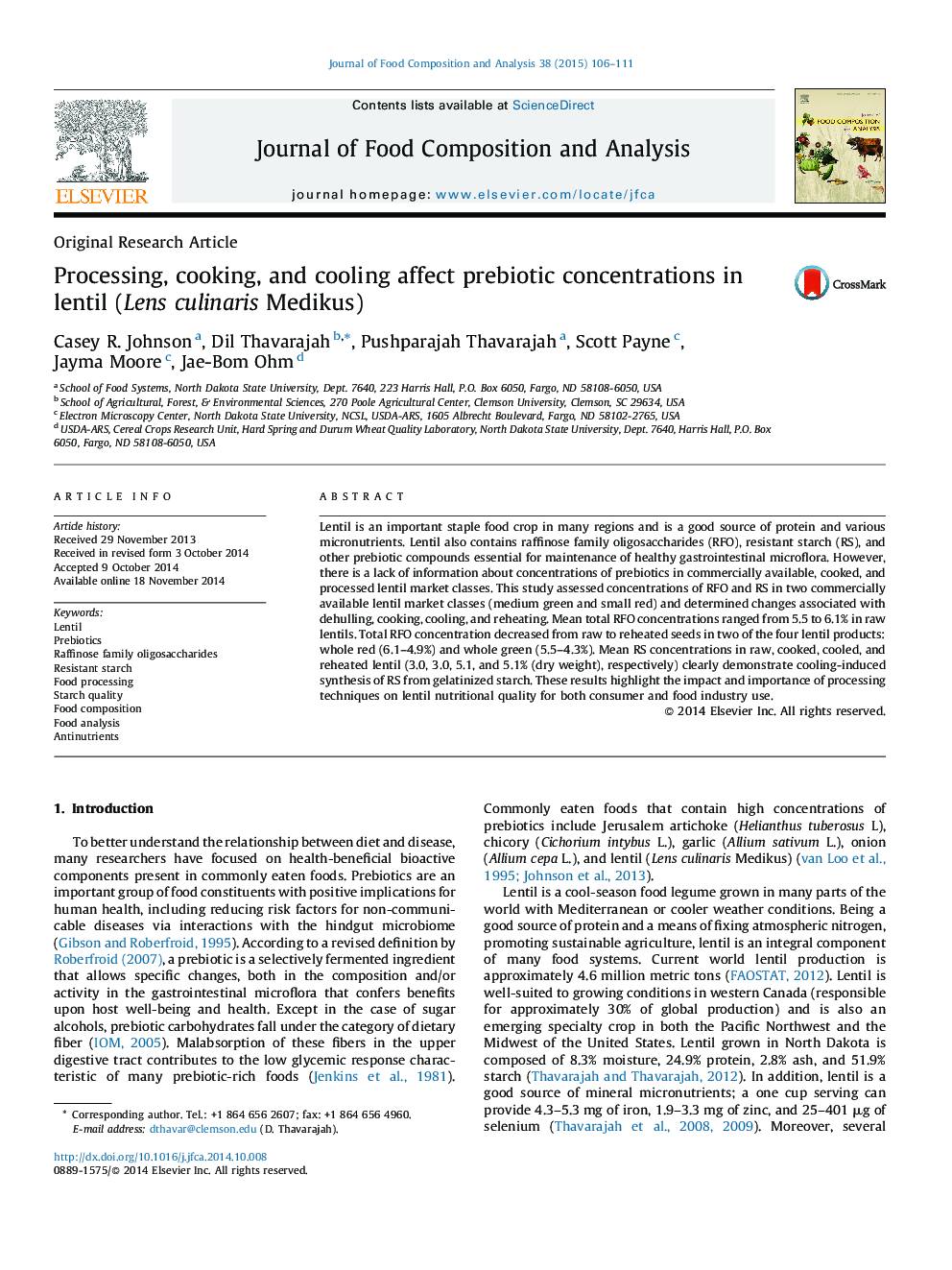 Processing, cooking, and cooling affect prebiotic concentrations in lentil (Lens culinaris Medikus)
