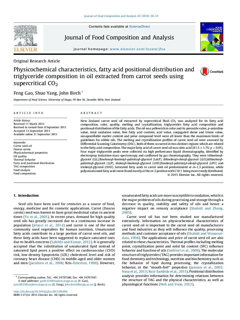 Physicochemical characteristics, fatty acid positional distribution and triglyceride composition in oil extracted from carrot seeds using supercritical CO2