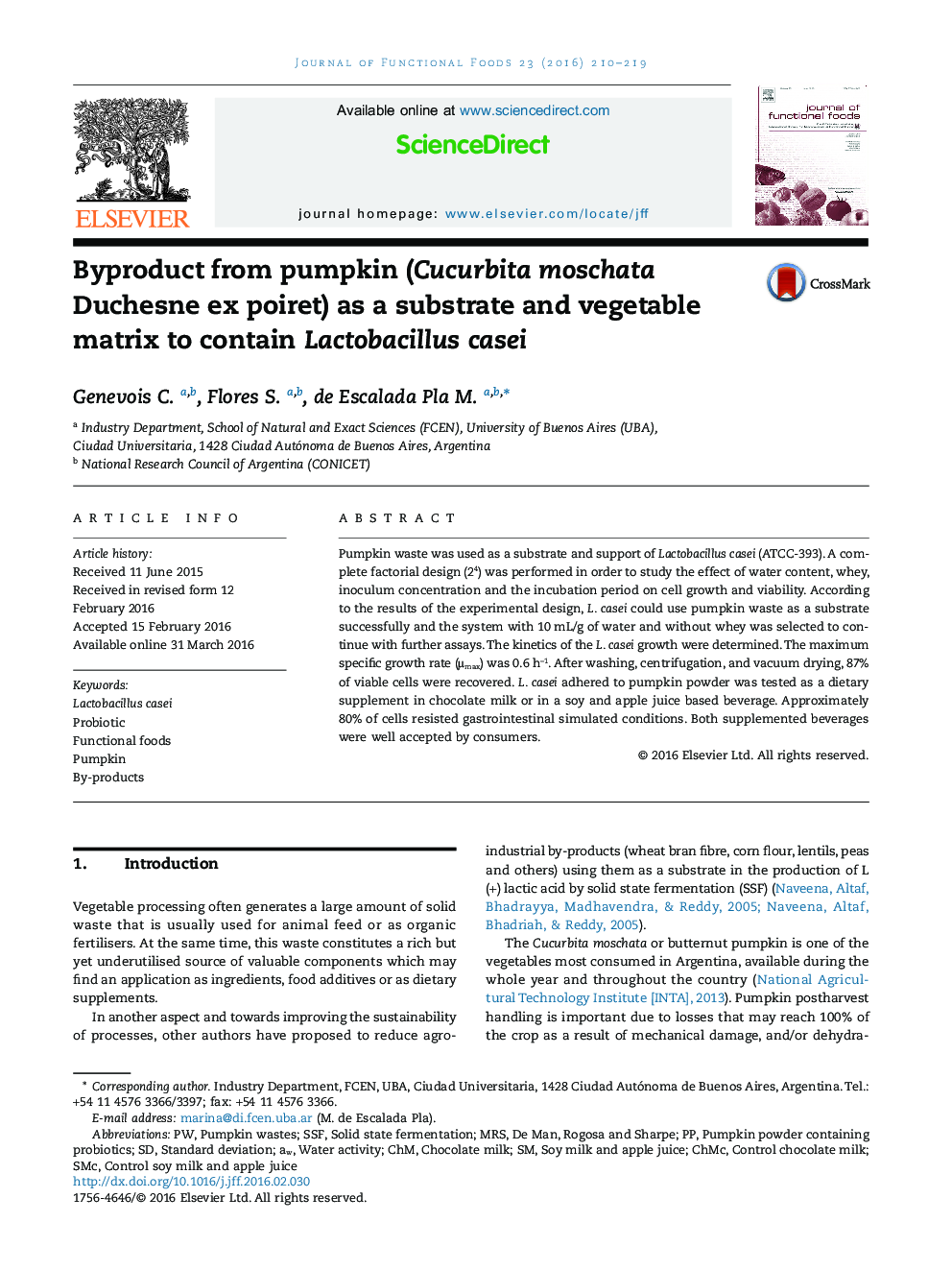 Byproduct from pumpkin (Cucurbita moschata Duchesne ex poiret) as a substrate and vegetable matrix to contain Lactobacillus casei
