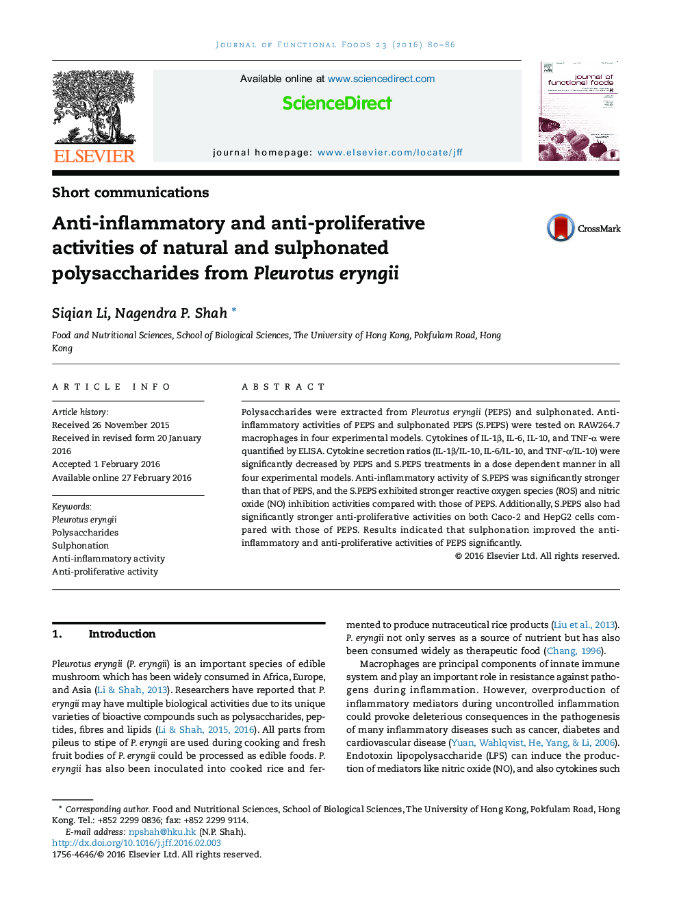Anti-inflammatory and anti-proliferative activities of natural and sulphonated polysaccharides from Pleurotus eryngii
