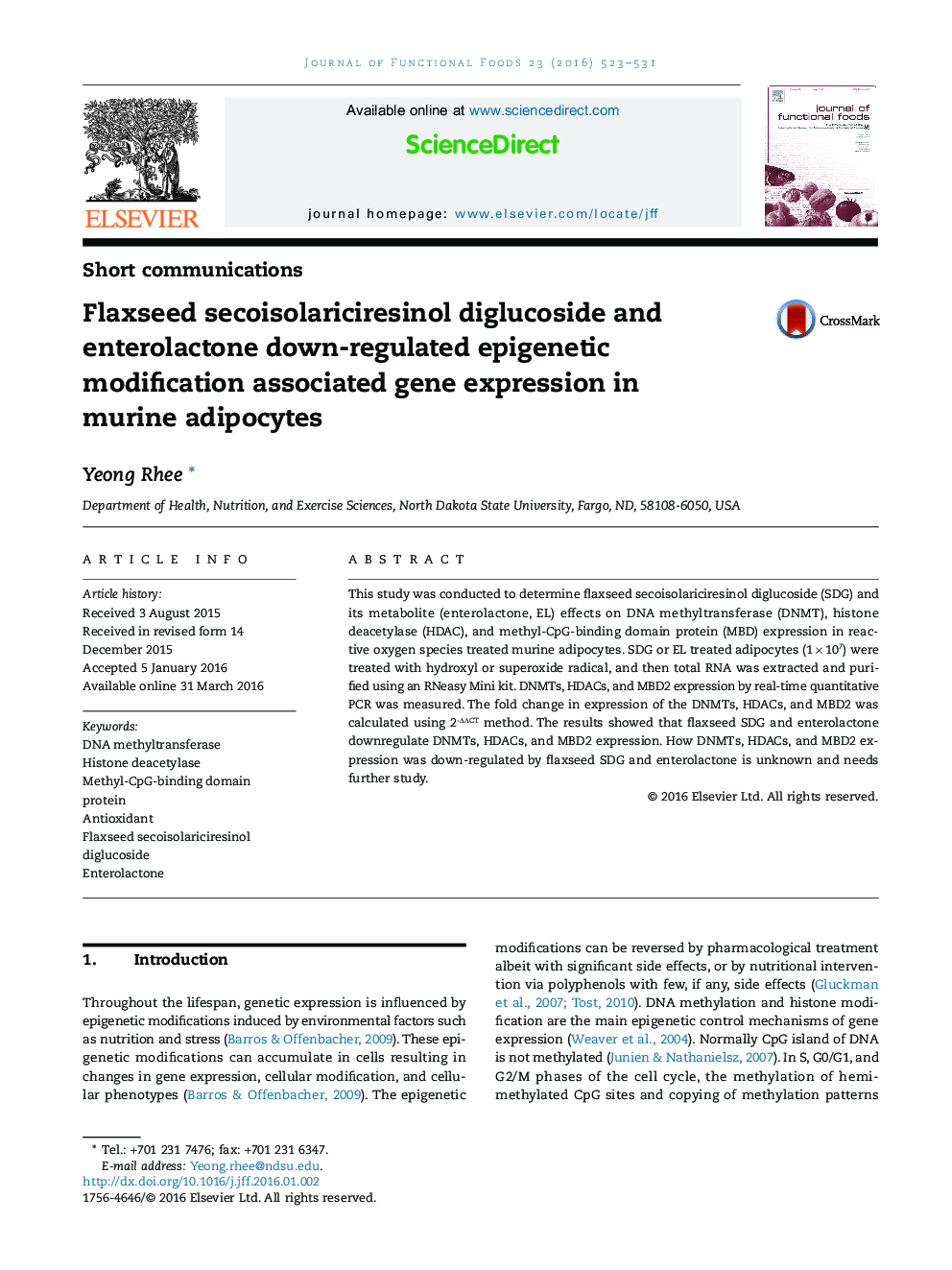 Flaxseed secoisolariciresinol diglucoside and enterolactone down-regulated epigenetic modification associated gene expression in murine adipocytes