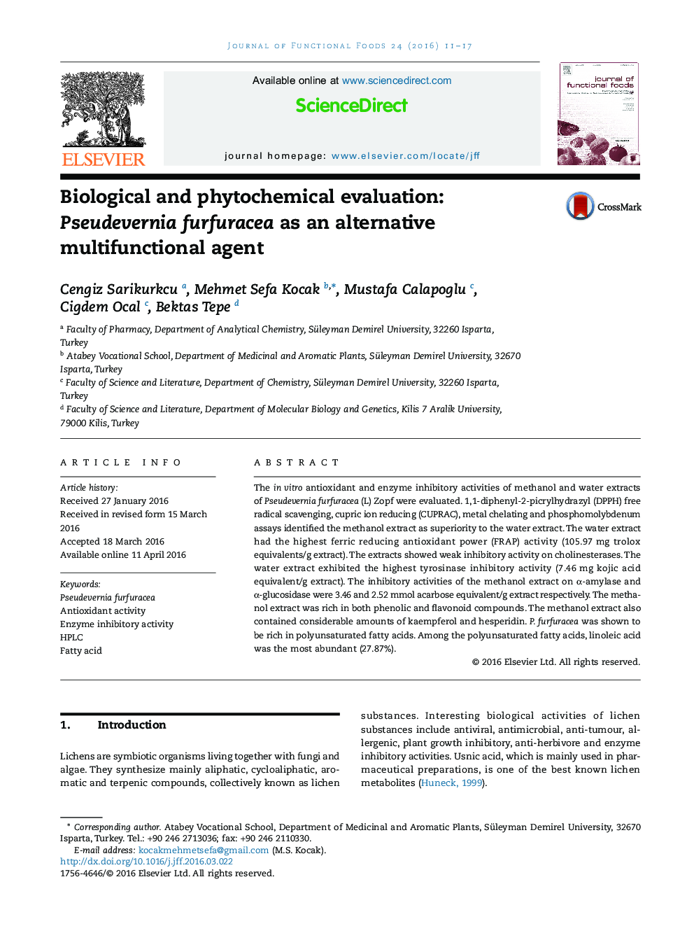 Biological and phytochemical evaluation: Pseudevernia furfuracea as an alternative multifunctional agent