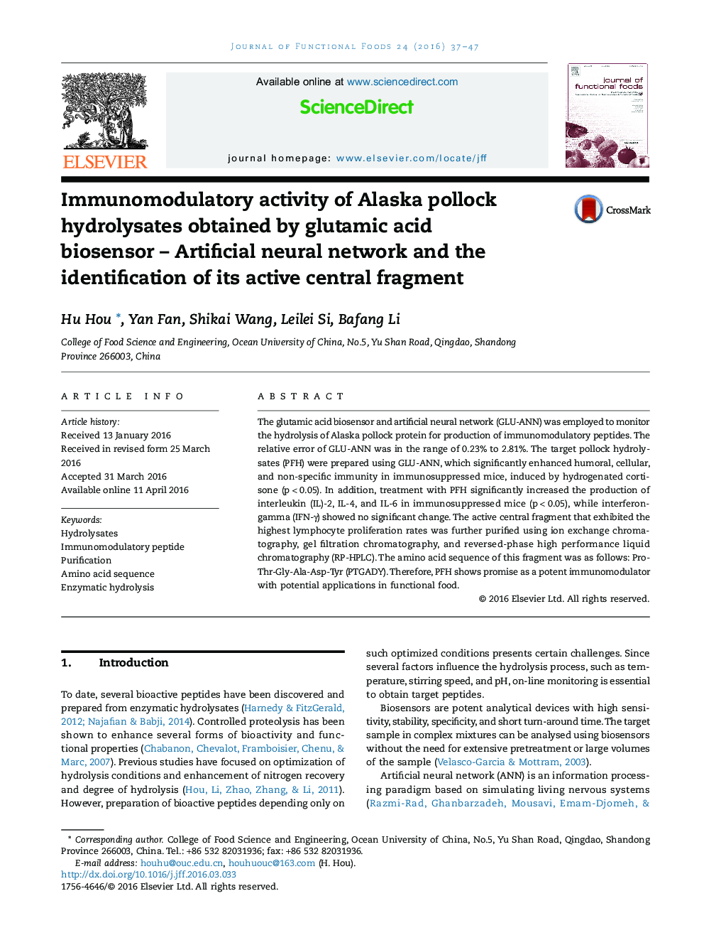 Immunomodulatory activity of Alaska pollock hydrolysates obtained by glutamic acid biosensor – Artificial neural network and the identification of its active central fragment