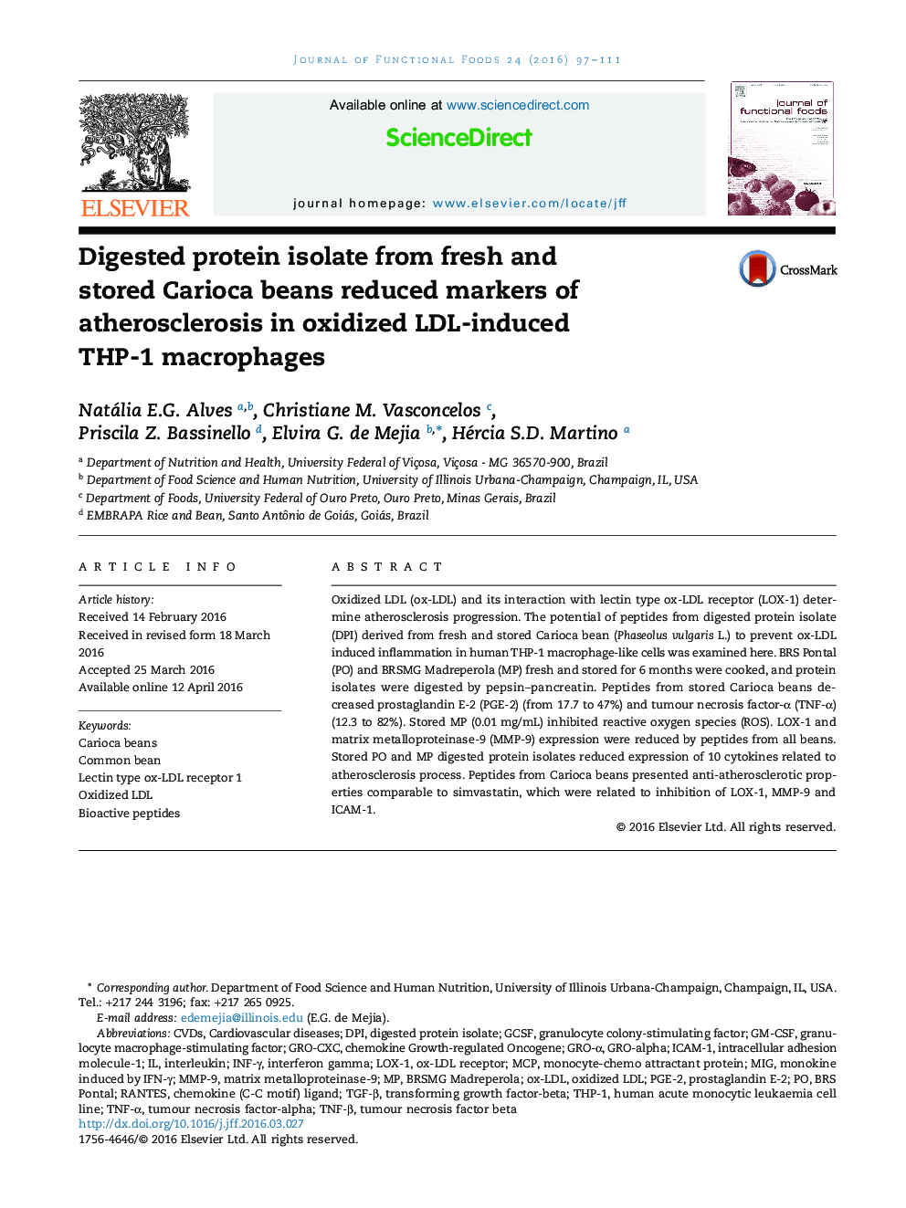 Digested protein isolate from fresh and stored Carioca beans reduced markers of atherosclerosis in oxidized LDL-induced THP-1 macrophages