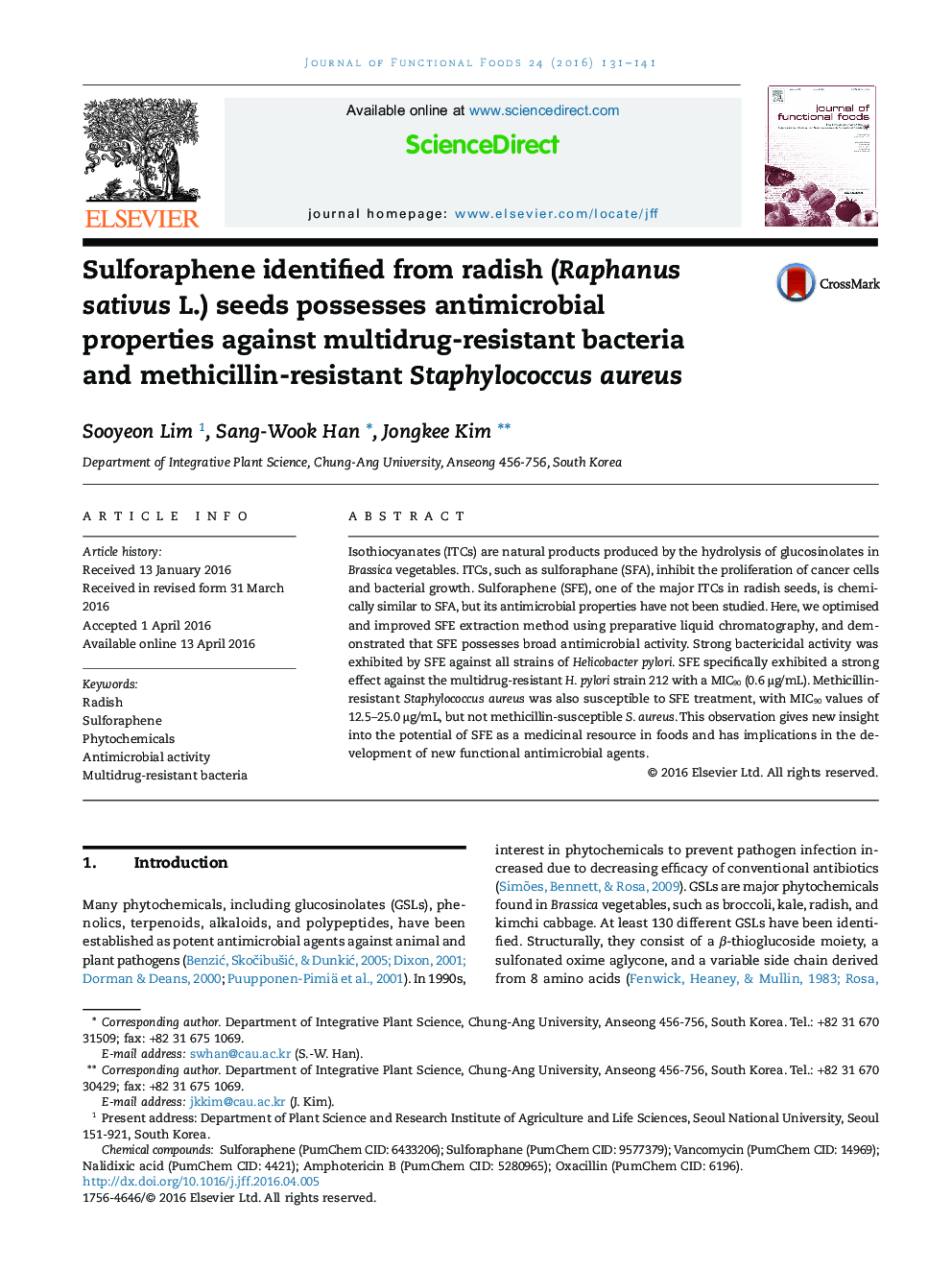 Sulforaphene identified from radish (Raphanus sativus L.) seeds possesses antimicrobial properties against multidrug-resistant bacteria and methicillin-resistant Staphylococcus aureus