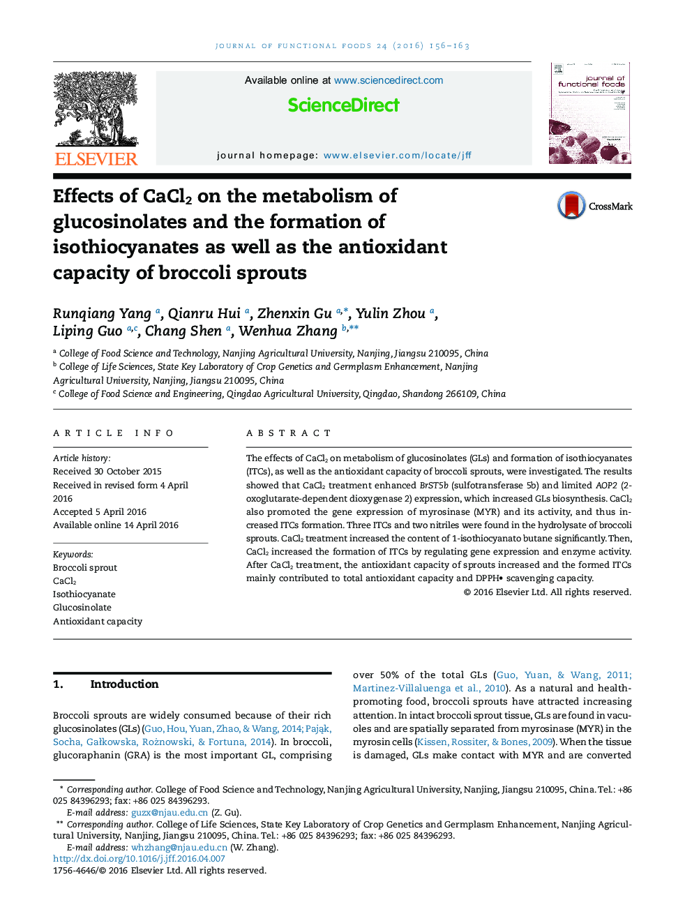 Effects of CaCl2 on the metabolism of glucosinolates and the formation of isothiocyanates as well as the antioxidant capacity of broccoli sprouts