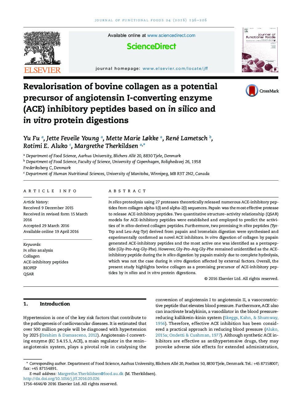 Revalorisation of bovine collagen as a potential precursor of angiotensin I-converting enzyme (ACE) inhibitory peptides based on in silico and in vitro protein digestions