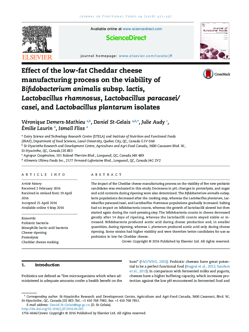 Effect of the low-fat Cheddar cheese manufacturing process on the viability of Bifidobacterium animalis subsp. lactis, Lactobacillus rhamnosus, Lactobacillus paracasei/casei, and Lactobacillus plantarum isolates
