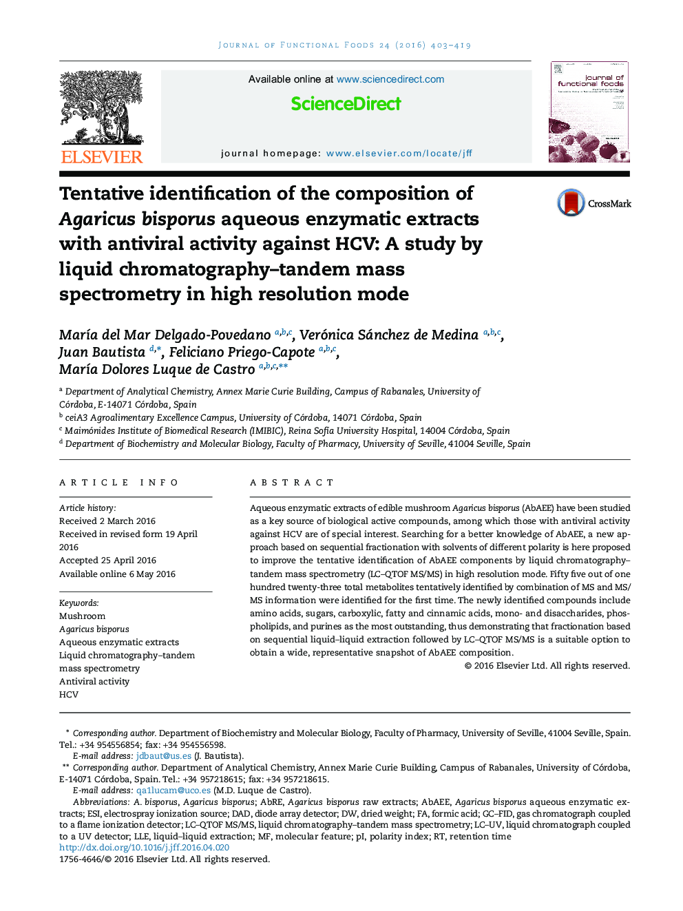 Tentative identification of the composition of Agaricus bisporus aqueous enzymatic extracts with antiviral activity against HCV: A study by liquid chromatography–tandem mass spectrometry in high resolution mode