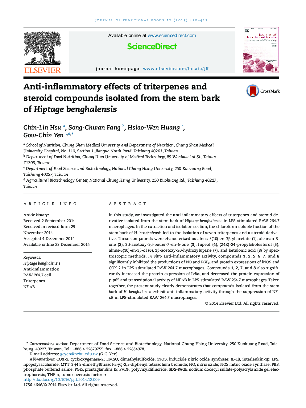 Anti-inflammatory effects of triterpenes and steroid compounds isolated from the stem bark of Hiptage benghalensis