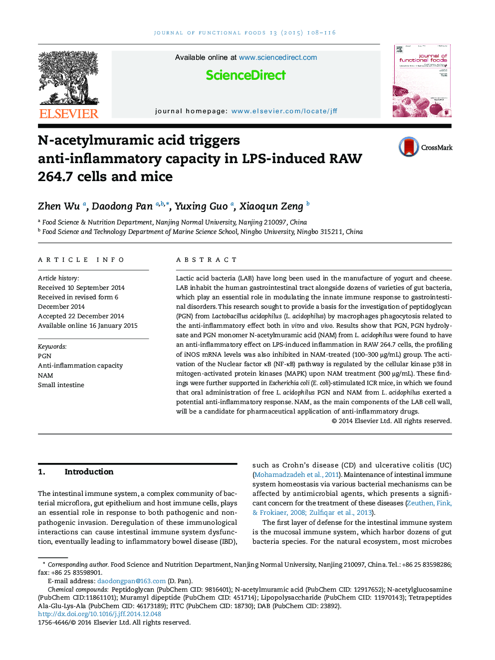 N-acetylmuramic acid triggers anti-inflammatory capacity in LPS-induced RAW 264.7 cells and mice