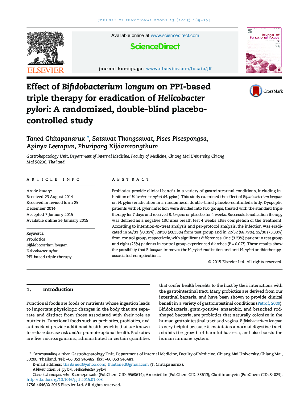 Effect of Bifidobacterium longum on PPI-based triple therapy for eradication of Helicobacter pylori: A randomized, double-blind placebo-controlled study