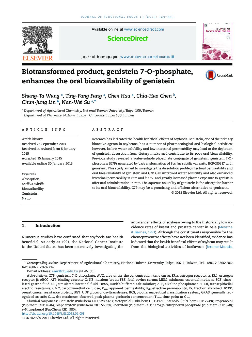 Biotransformed product, genistein 7-O-phosphate, enhances the oral bioavailability of genistein