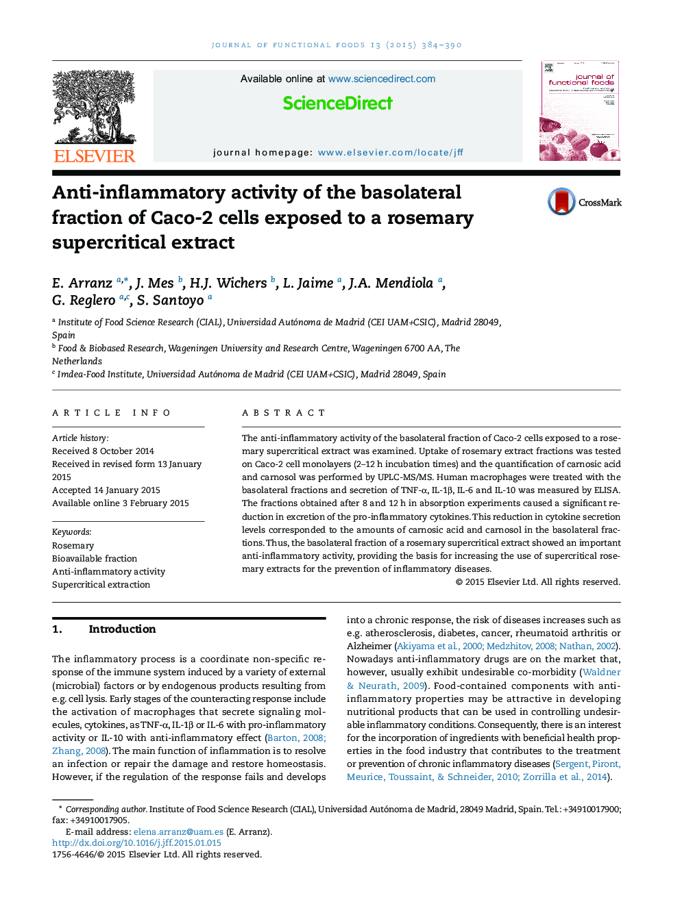 Anti-inflammatory activity of the basolateral fraction of Caco-2 cells exposed to a rosemary supercritical extract