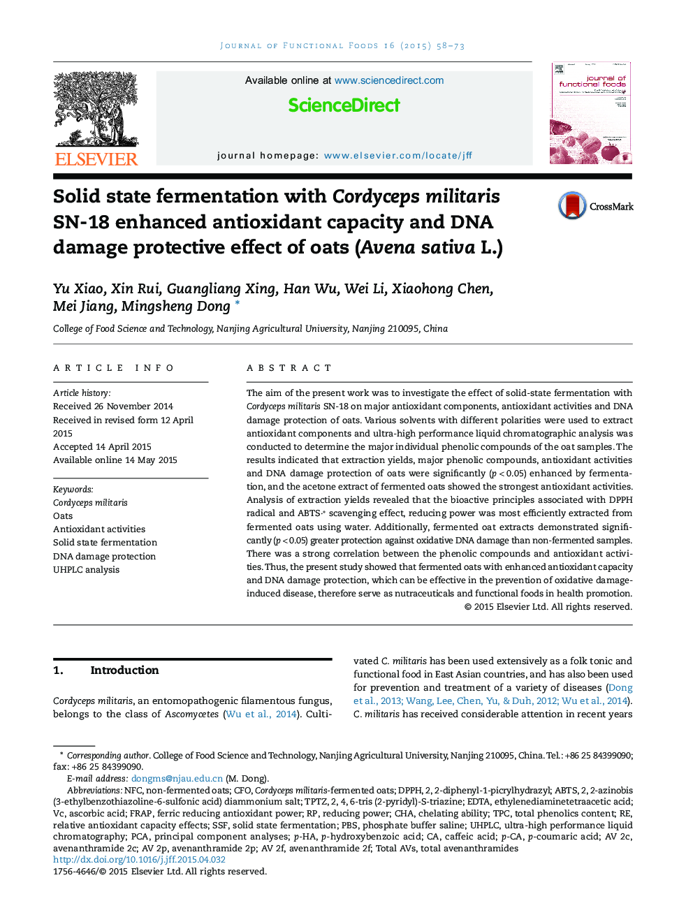 Solid state fermentation with Cordyceps militaris SN-18 enhanced antioxidant capacity and DNA damage protective effect of oats (Avena sativa L.)