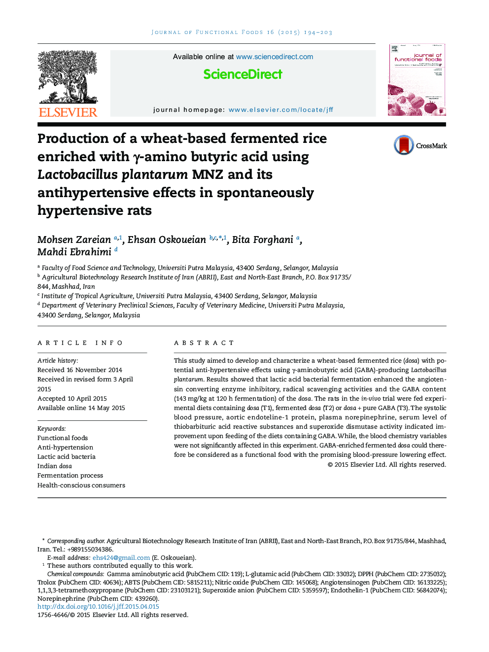 Production of a wheat-based fermented rice enriched with γ-amino butyric acid using Lactobacillus plantarum MNZ and its antihypertensive effects in spontaneously hypertensive rats