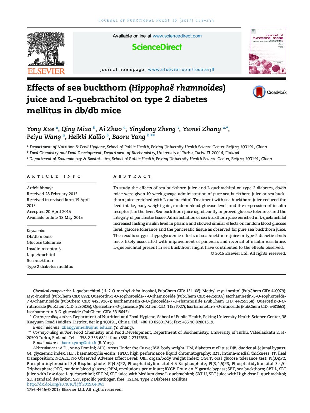 Effects of sea buckthorn (Hippophaë rhamnoides) juice and L-quebrachitol on type 2 diabetes mellitus in db/db mice