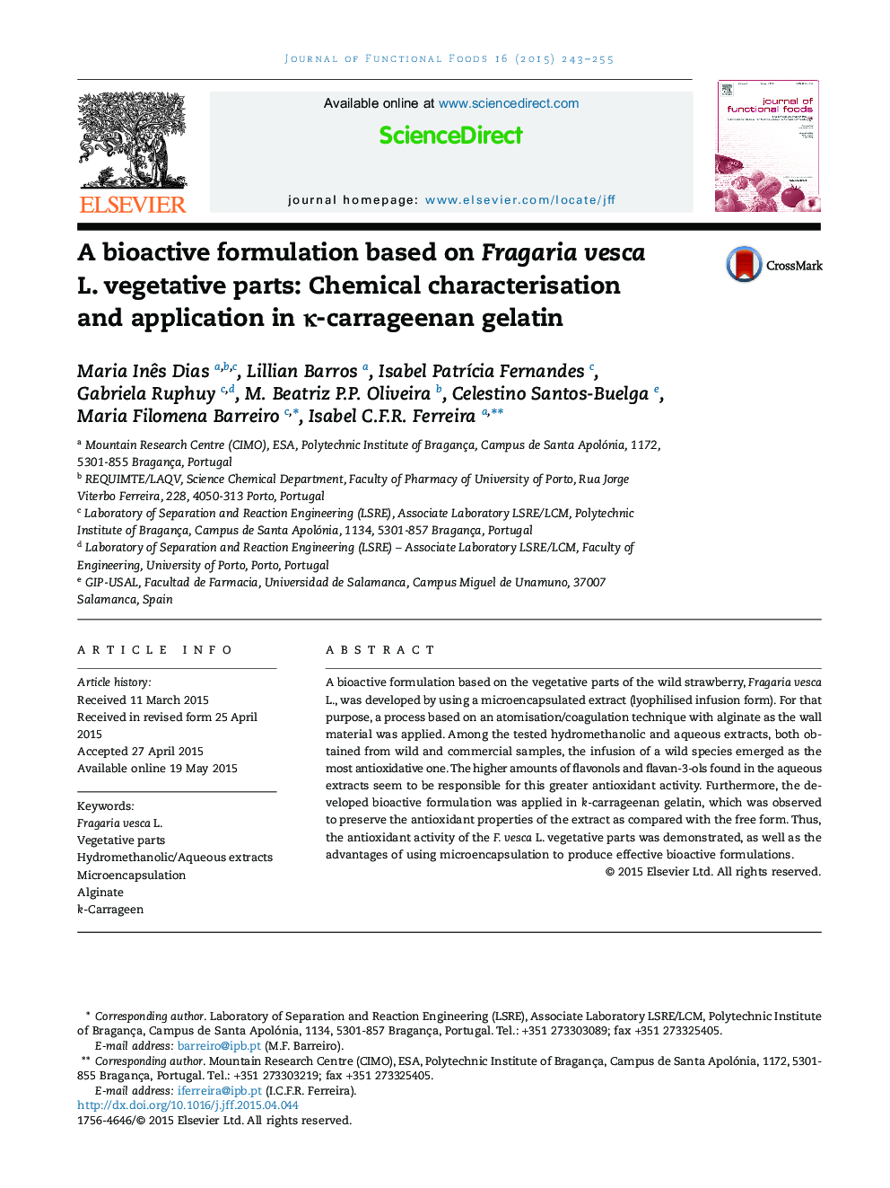 A bioactive formulation based on Fragaria vesca L. vegetative parts: Chemical characterisation and application in κ-carrageenan gelatin