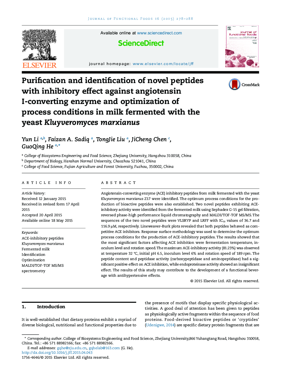 Purification and identification of novel peptides with inhibitory effect against angiotensin I-converting enzyme and optimization of process conditions in milk fermented with the yeast Kluyveromyces marxianus