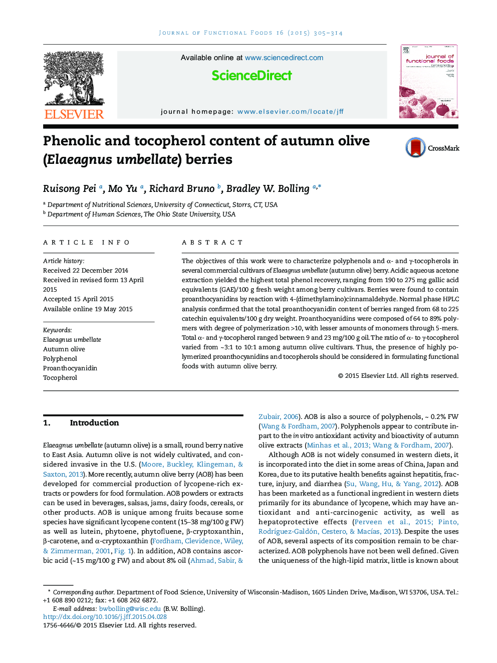 Phenolic and tocopherol content of autumn olive (Elaeagnus umbellate) berries