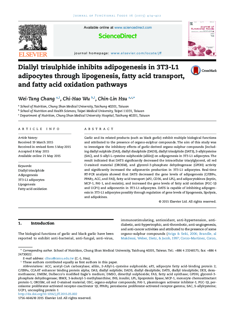 Diallyl trisulphide inhibits adipogenesis in 3T3-L1 adipocytes through lipogenesis, fatty acid transport, and fatty acid oxidation pathways