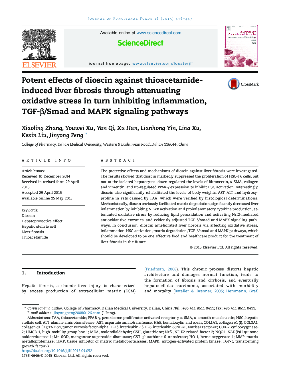 Potent effects of dioscin against thioacetamide-induced liver fibrosis through attenuating oxidative stress in turn inhibiting inflammation, TGF-β/Smad and MAPK signaling pathways