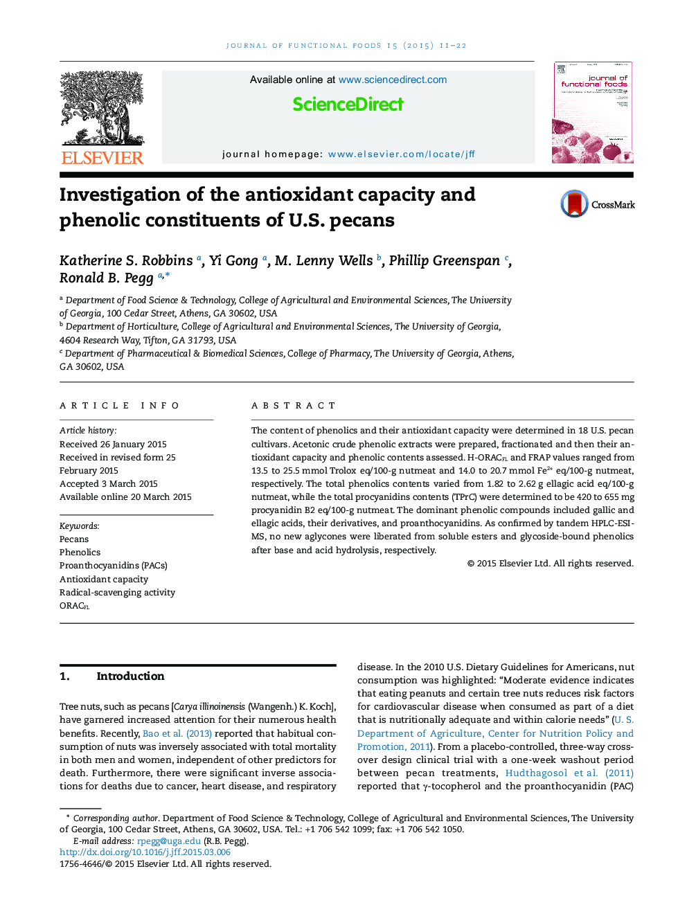 Investigation of the antioxidant capacity and phenolic constituents of U.S. pecans