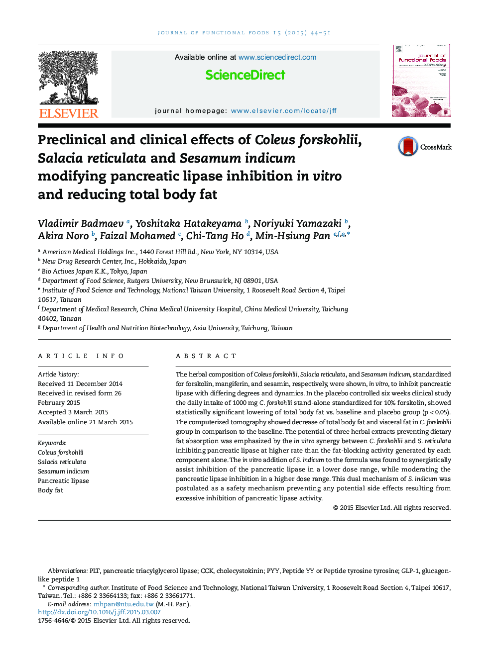 Preclinical and clinical effects of Coleus forskohlii, Salacia reticulata and Sesamum indicum modifying pancreatic lipase inhibition in vitro and reducing total body fat