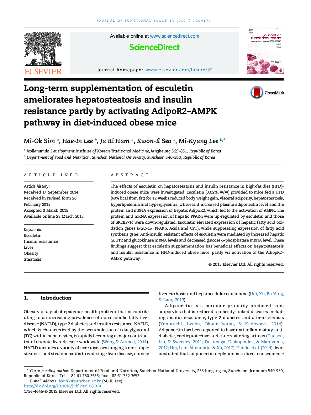 Long-term supplementation of esculetin ameliorates hepatosteatosis and insulin resistance partly by activating AdipoR2–AMPK pathway in diet-induced obese mice