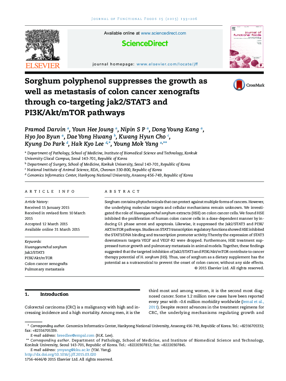 Sorghum polyphenol suppresses the growth as well as metastasis of colon cancer xenografts through co-targeting jak2/STAT3 and PI3K/Akt/mTOR pathways