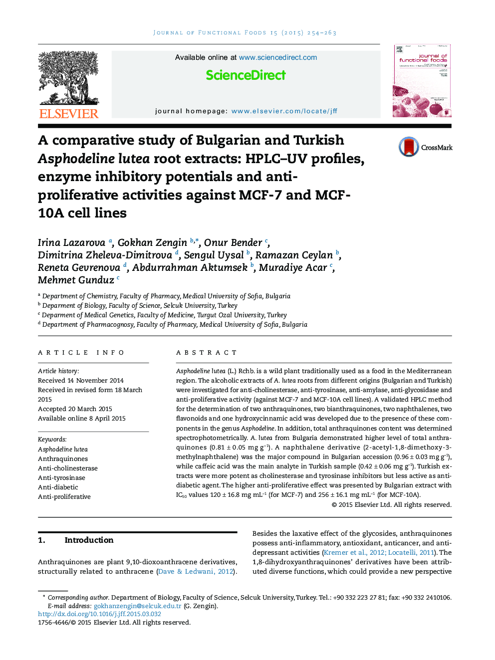 A comparative study of Bulgarian and Turkish Asphodeline lutea root extracts: HPLC–UV profiles, enzyme inhibitory potentials and anti-proliferative activities against MCF-7 and MCF-10A cell lines