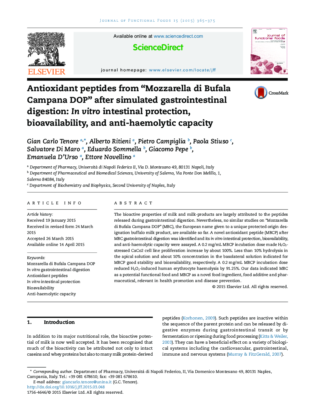 Antioxidant peptides from “Mozzarella di Bufala Campana DOP” after simulated gastrointestinal digestion: In vitro intestinal protection, bioavailability, and anti-haemolytic capacity