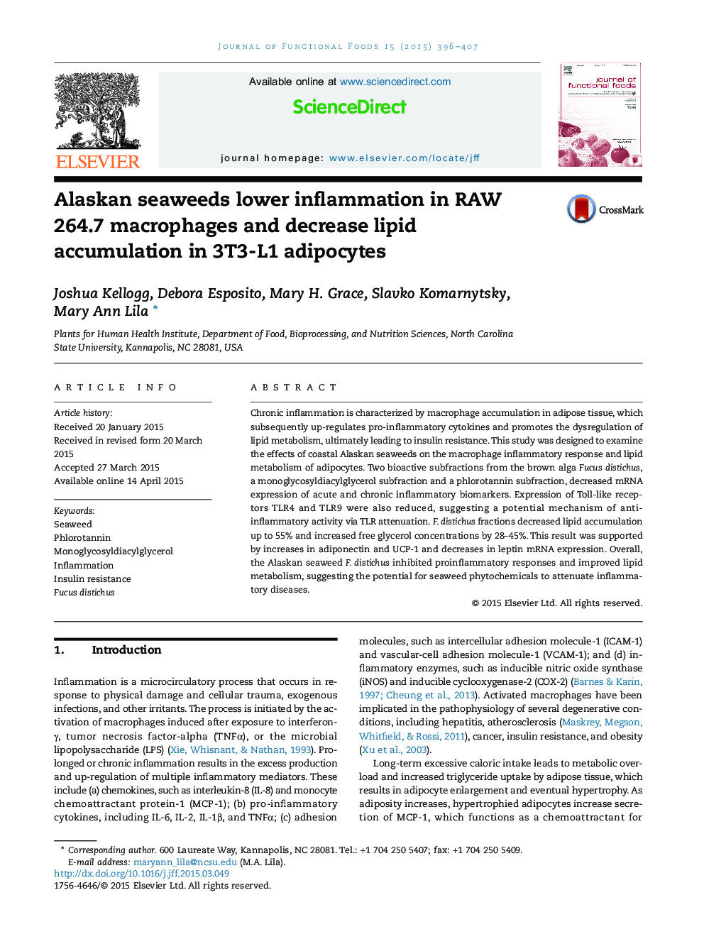 Alaskan seaweeds lower inflammation in RAW 264.7 macrophages and decrease lipid accumulation in 3T3-L1 adipocytes