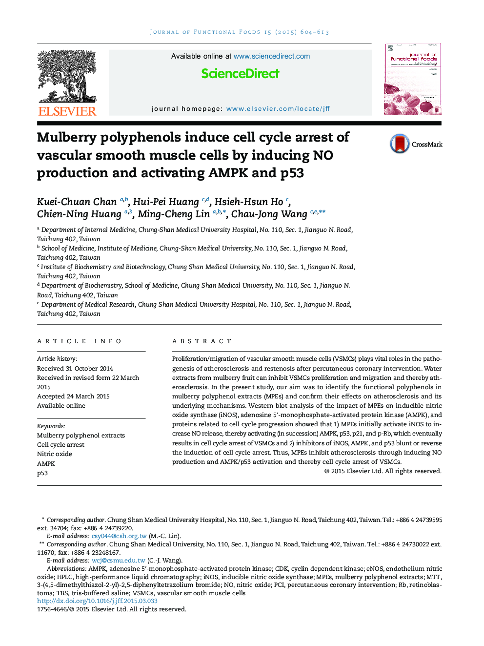 Mulberry polyphenols induce cell cycle arrest of vascular smooth muscle cells by inducing NO production and activating AMPK and p53