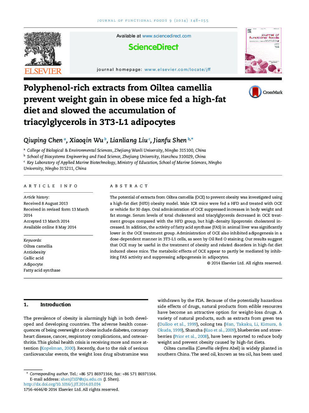 Polyphenol-rich extracts from Oiltea camellia prevent weight gain in obese mice fed a high-fat diet and slowed the accumulation of triacylglycerols in 3T3-L1 adipocytes