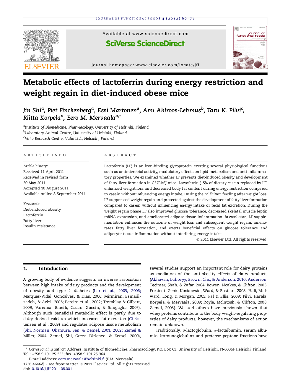 Metabolic effects of lactoferrin during energy restriction and weight regain in diet-induced obese mice