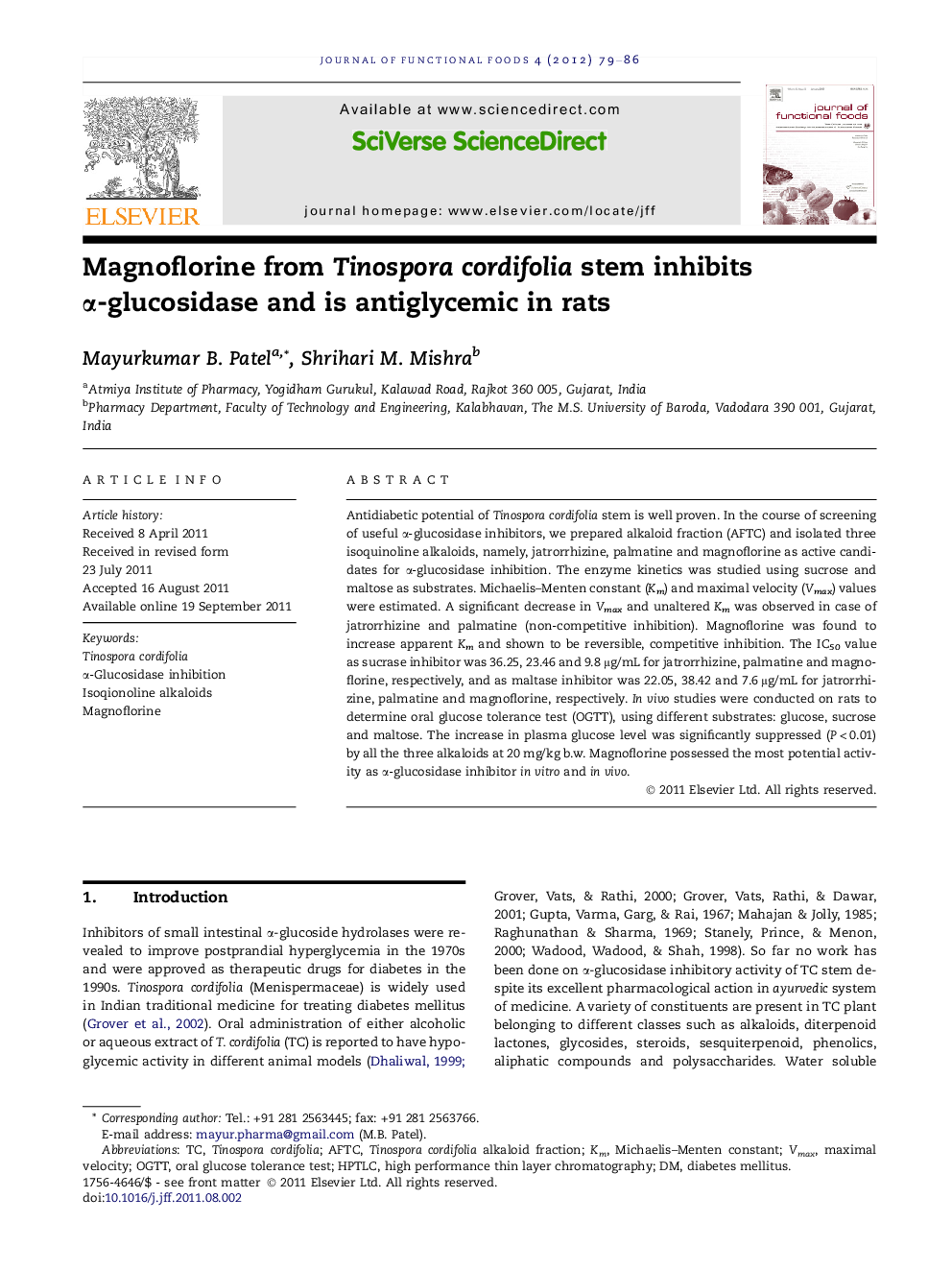 Magnoflorine from Tinospora cordifolia stem inhibits α-glucosidase and is antiglycemic in rats