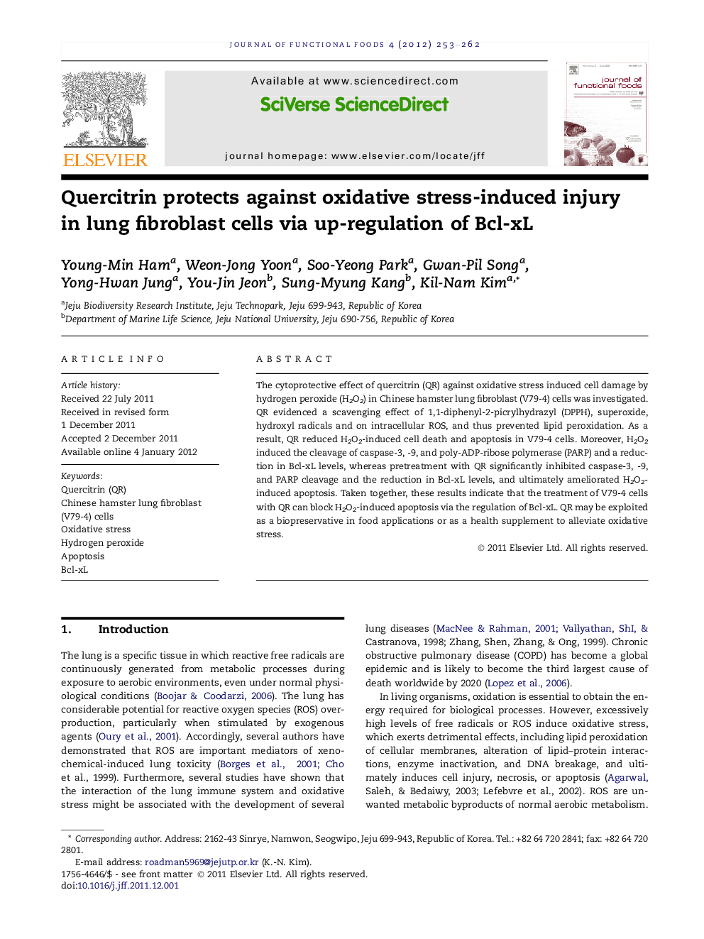 Quercitrin protects against oxidative stress-induced injury in lung fibroblast cells via up-regulation of Bcl-xL