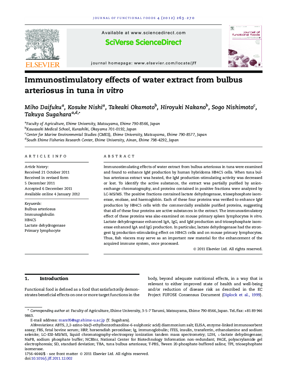 Immunostimulatory effects of water extract from bulbus arteriosus in tuna in vitro