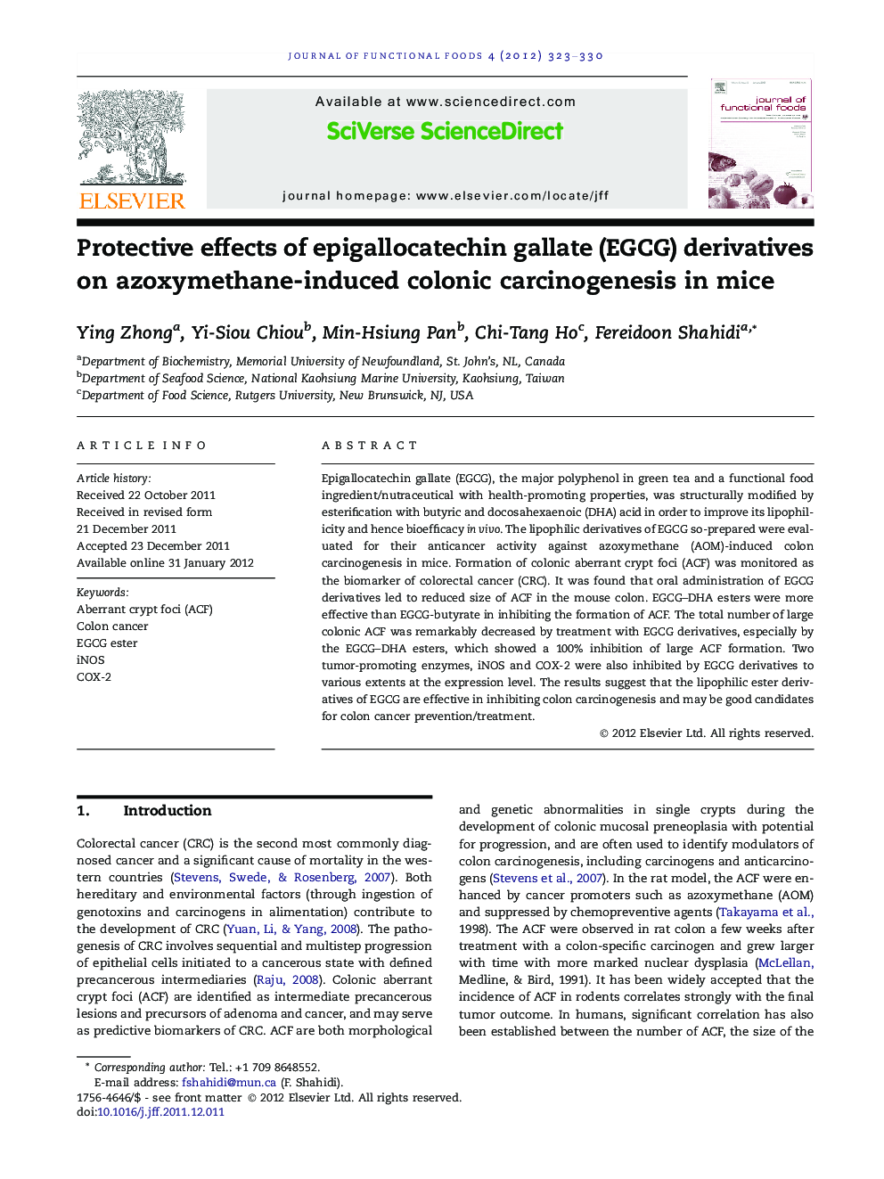 Protective effects of epigallocatechin gallate (EGCG) derivatives on azoxymethane-induced colonic carcinogenesis in mice