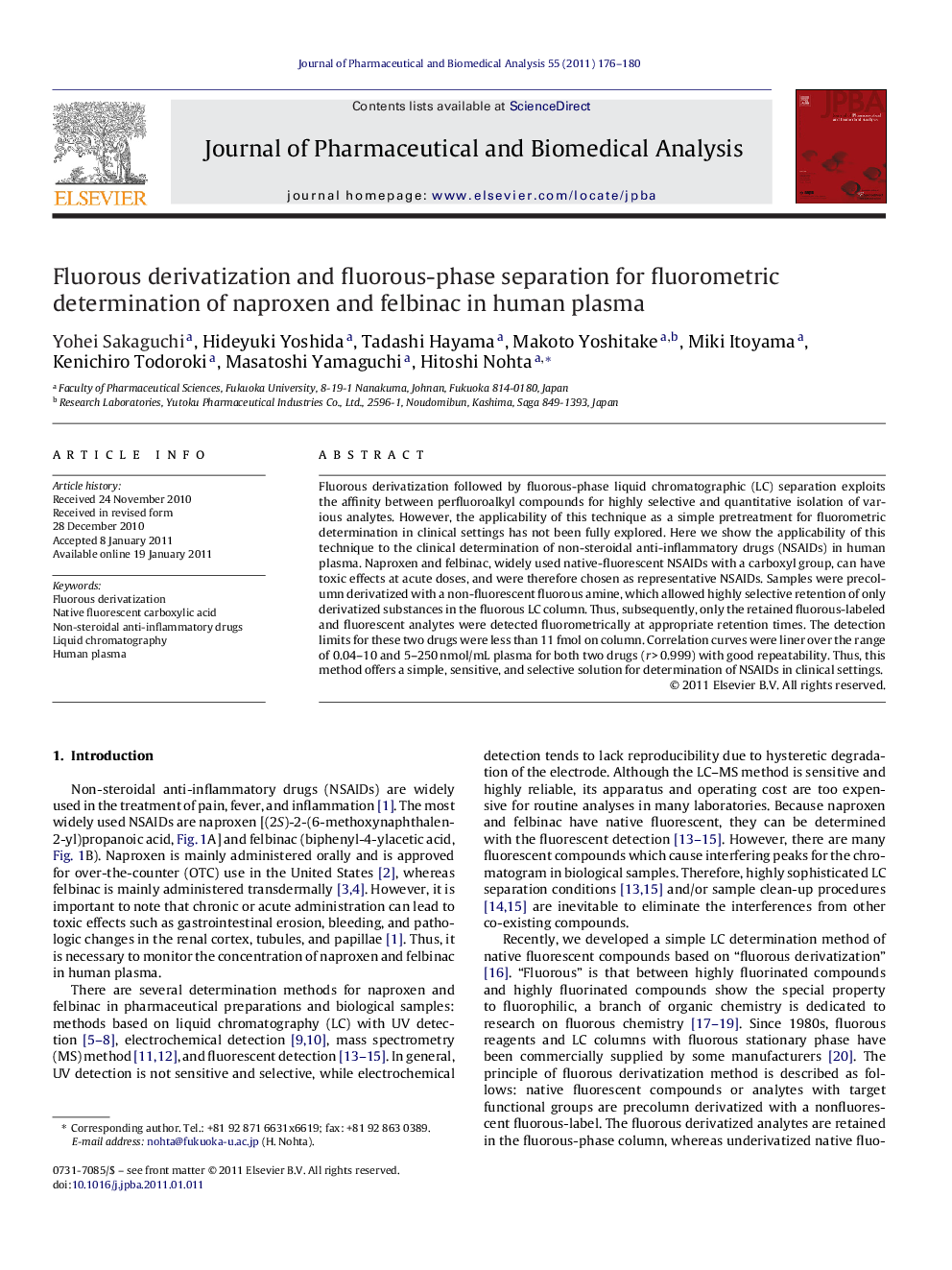 Fluorous derivatization and fluorous-phase separation for fluorometric determination of naproxen and felbinac in human plasma