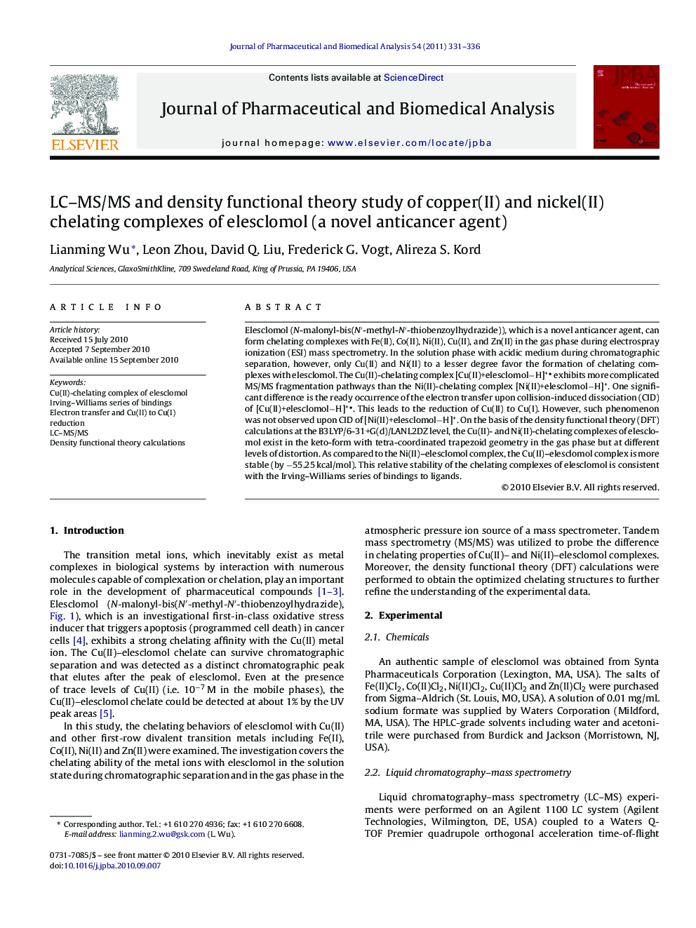 LC–MS/MS and density functional theory study of copper(II) and nickel(II) chelating complexes of elesclomol (a novel anticancer agent)