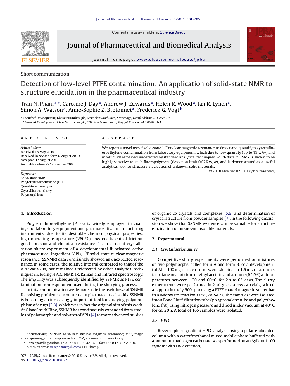 Detection of low-level PTFE contamination: An application of solid-state NMR to structure elucidation in the pharmaceutical industry