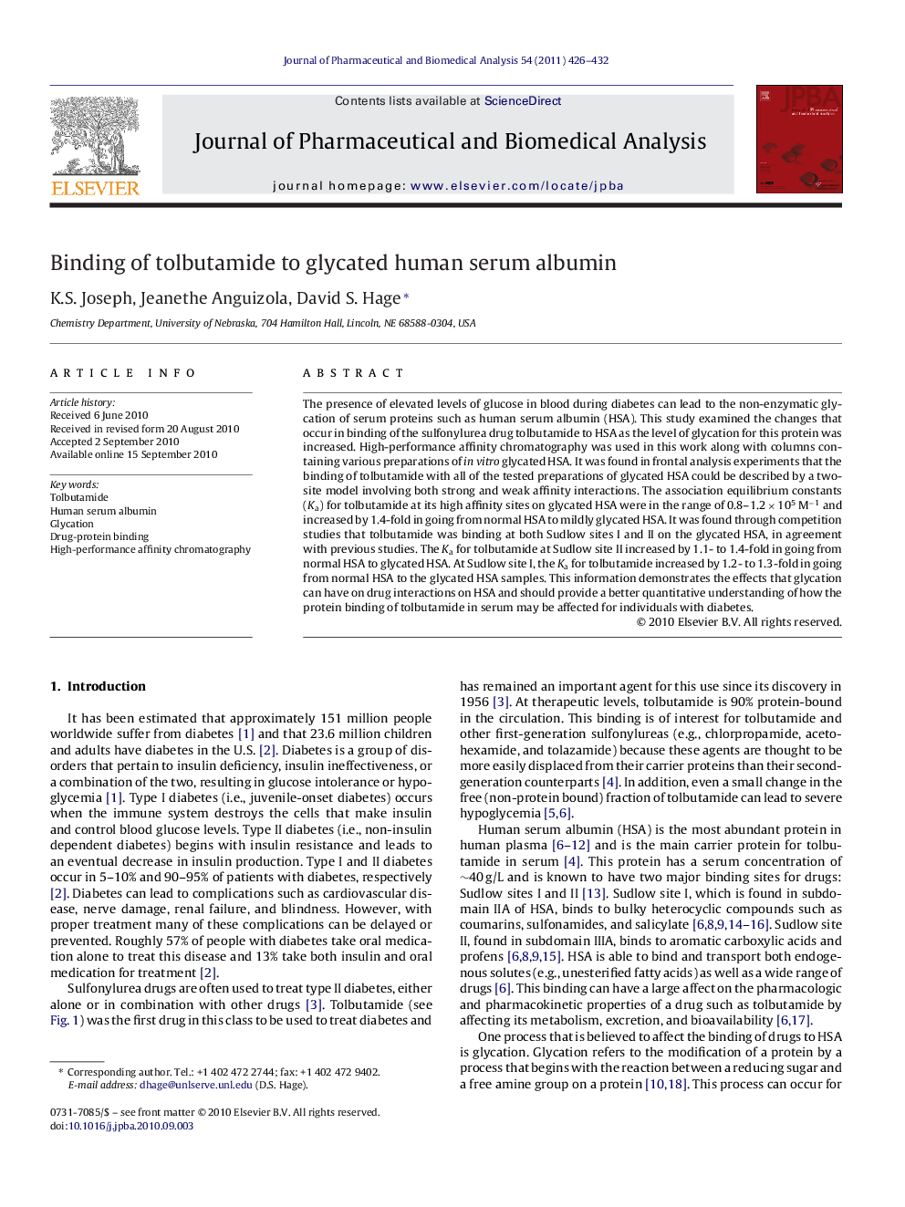 Binding of tolbutamide to glycated human serum albumin