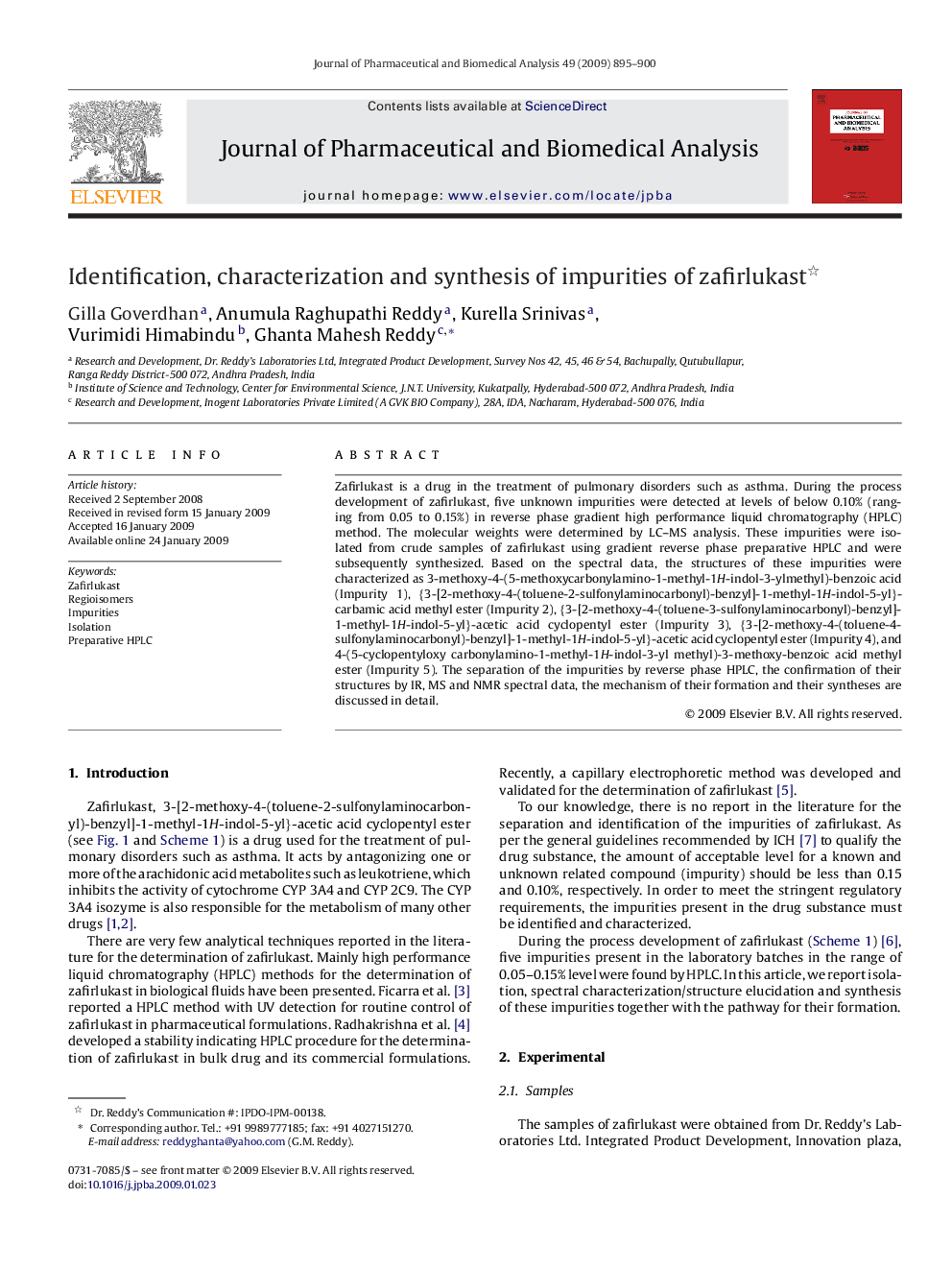 Identification, characterization and synthesis of impurities of zafirlukast 