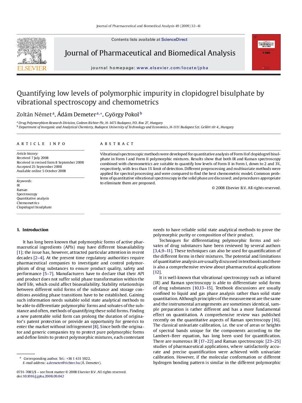 Quantifying low levels of polymorphic impurity in clopidogrel bisulphate by vibrational spectroscopy and chemometrics