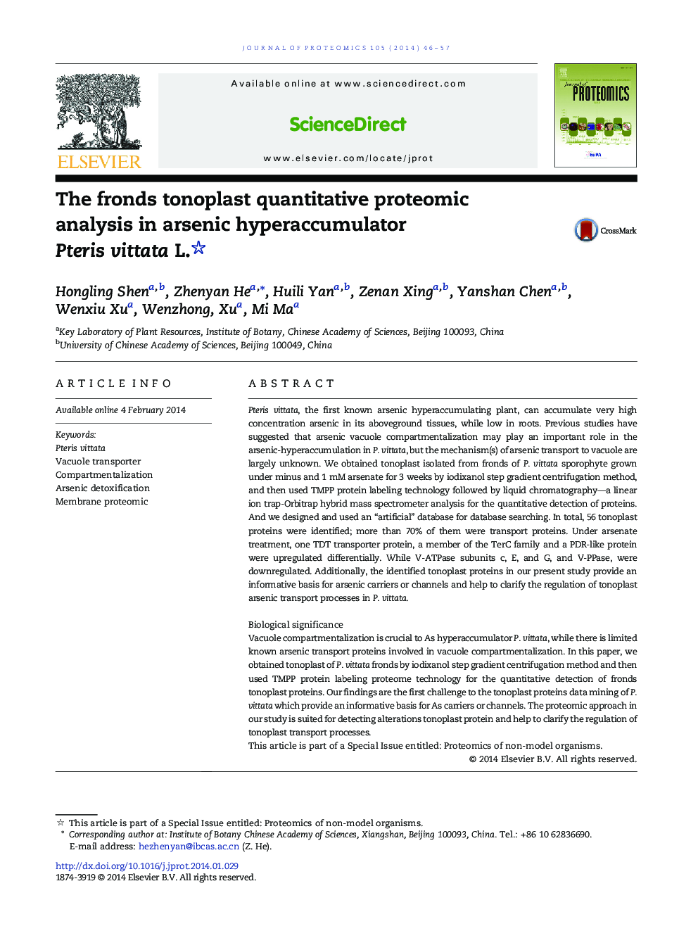 The fronds tonoplast quantitative proteomic analysis in arsenic hyperaccumulator Pteris vittata L. 