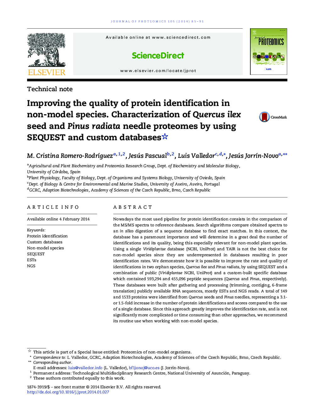 Improving the quality of protein identification in non-model species. Characterization of Quercus ilex seed and Pinus radiata needle proteomes by using SEQUEST and custom databases 